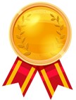 Gold medal with red ribbon